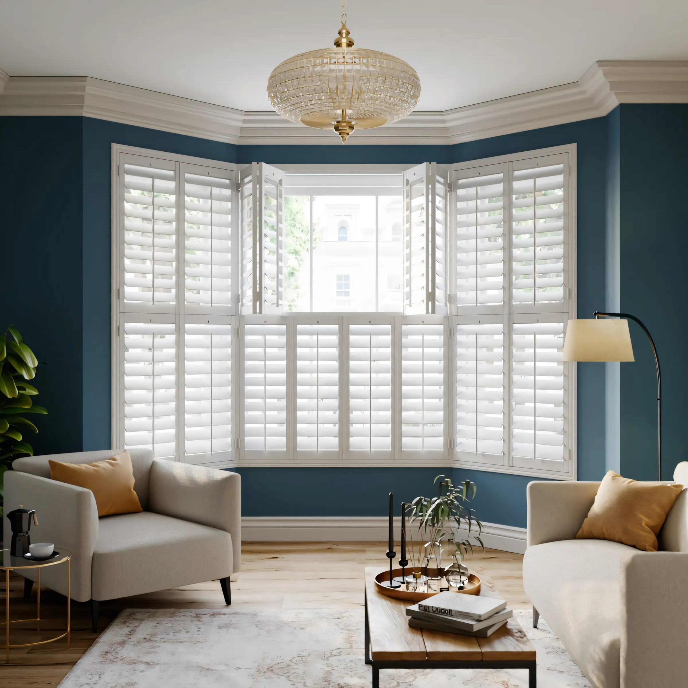 White tier on tier shutters in a bay window with the top centre panels folded open, teal walls